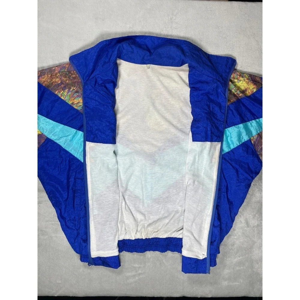 Vintage 90s Windbreaker Jacket Mens L Blue Colorblock Abstract Full Zip Nylon